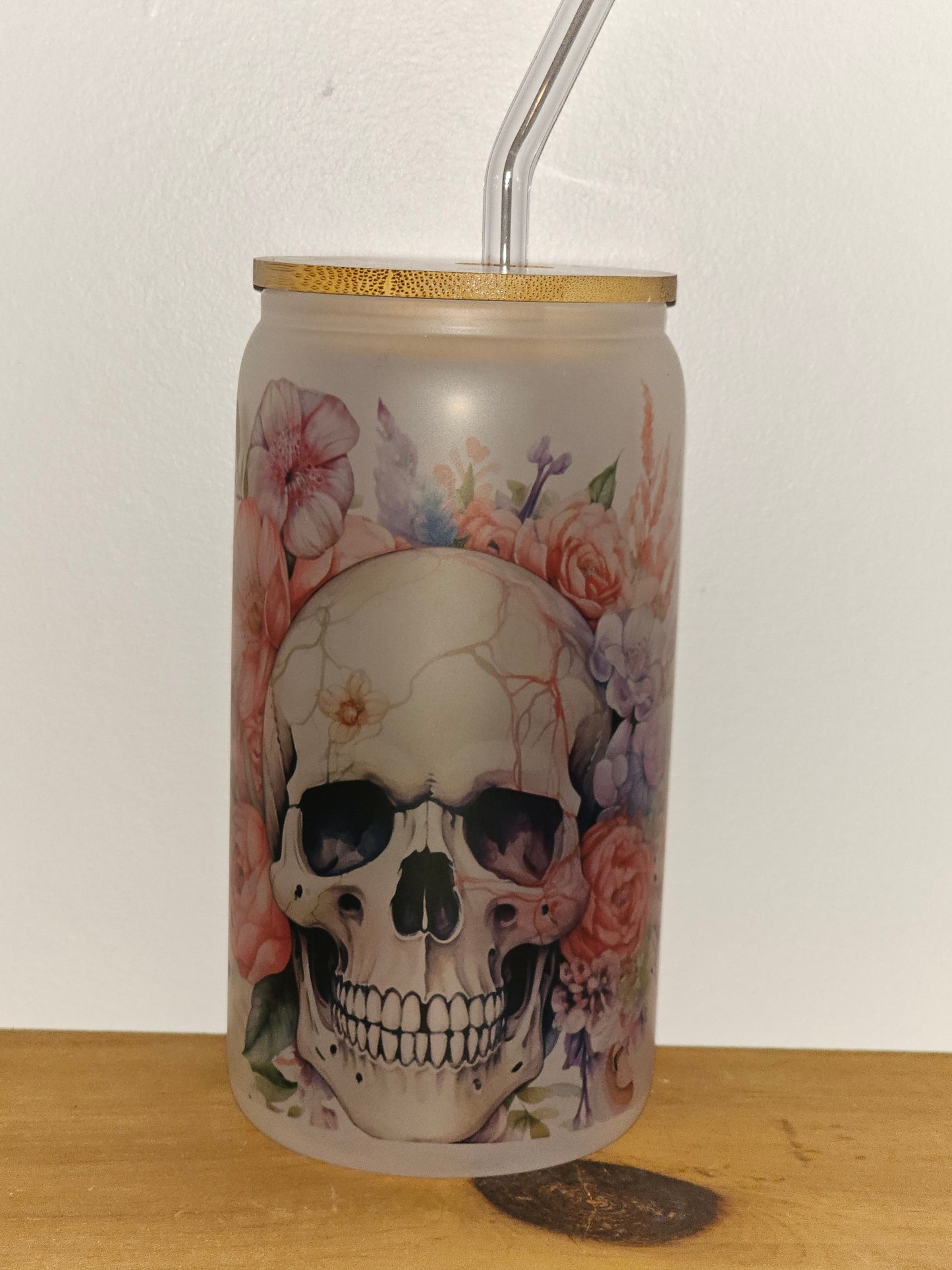 Floral Skull Glass Can Tumbler