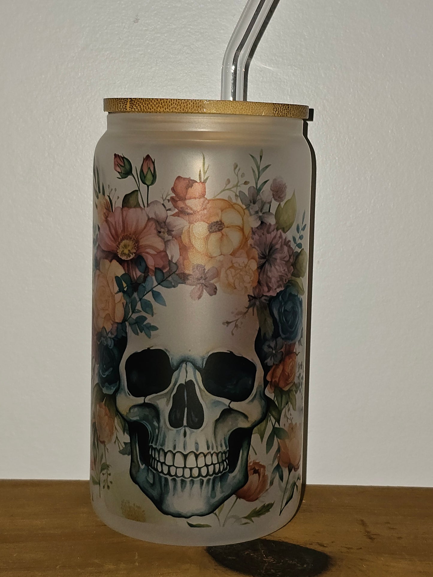 Flower Skull Glass Can Tumbler