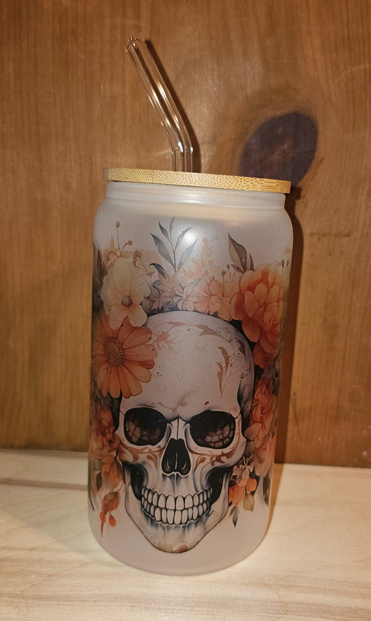 Skull Floral Glass Can Tumbler